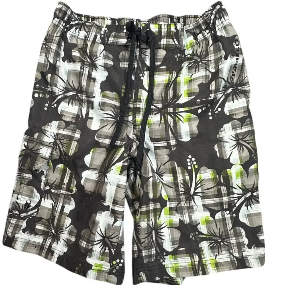 O'Rageous Board Shorts Swim Trunks Hibiscus Plaid Cargo Y2K